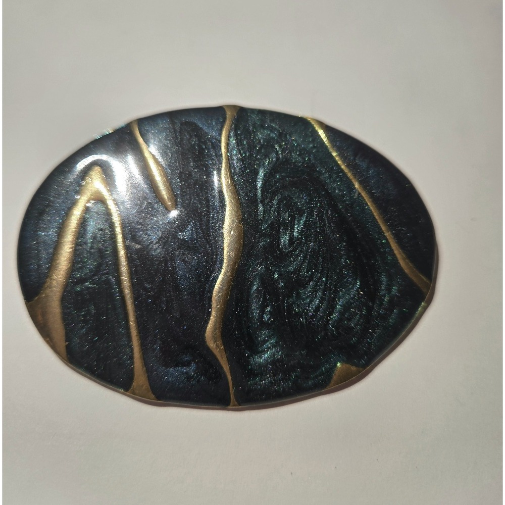 Large Vintage Abstract Blue/Grn Gold Vein Teal Oval Pin Cabochon Green Brooch